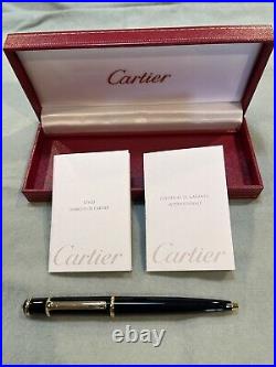 Cartier France Diabolo Black Resin Gold Plated Ballpoint Pen Blue Cabochon