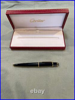 Cartier France Diabolo Black Resin Gold Plated Ballpoint Pen Blue Cabochon